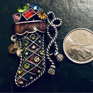 Vintage Silver Tone Rhinestone Christmas stocking Brooch